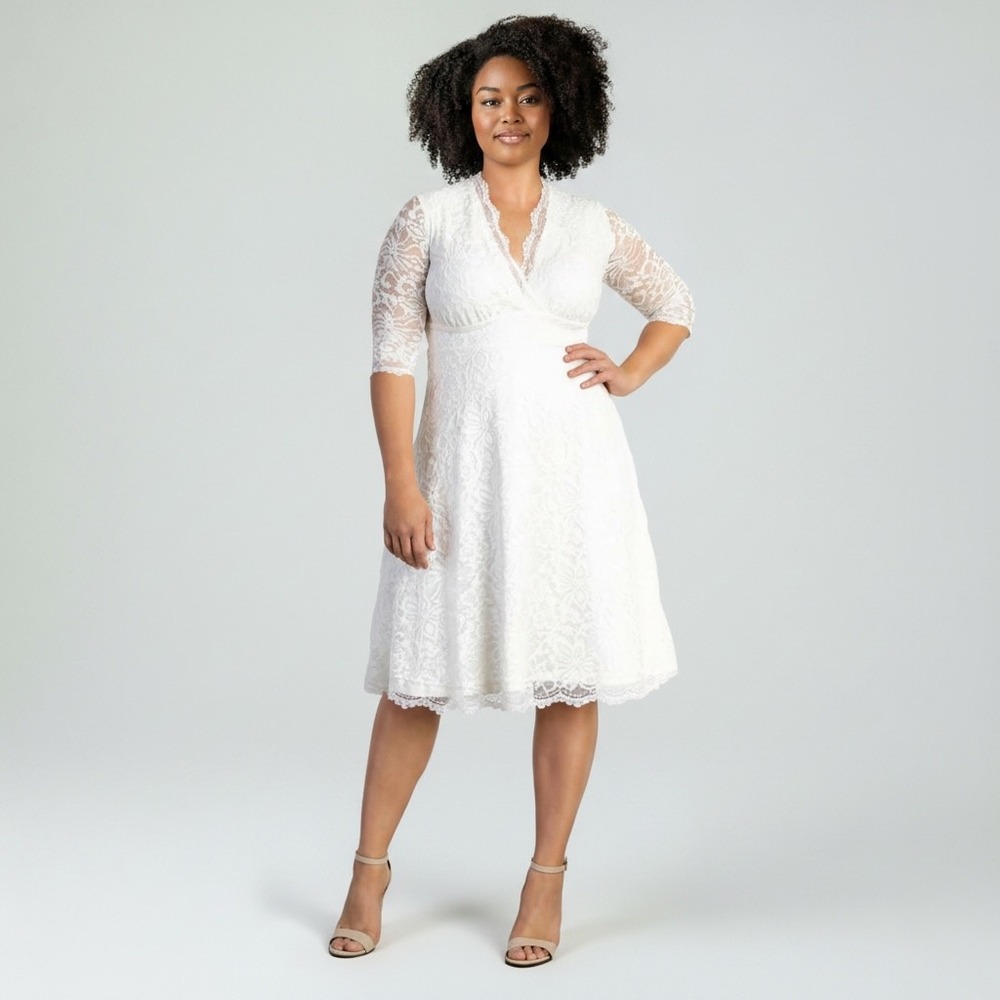 Kiyonna Bridal Ivory Lace V-Neck 3/4 Sleeve Dress 0X 19150905DB New